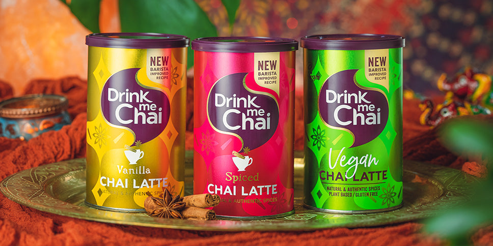Range of drink me chai vanilla, spiced chai, vegan chai