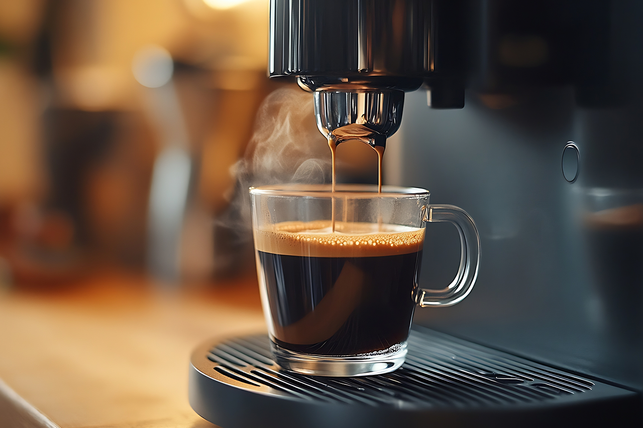 Freshly brewed espresso from 1kg coffee beans flowing into glass cup from espresso machine, perfect for daily coffee lovers in the UK