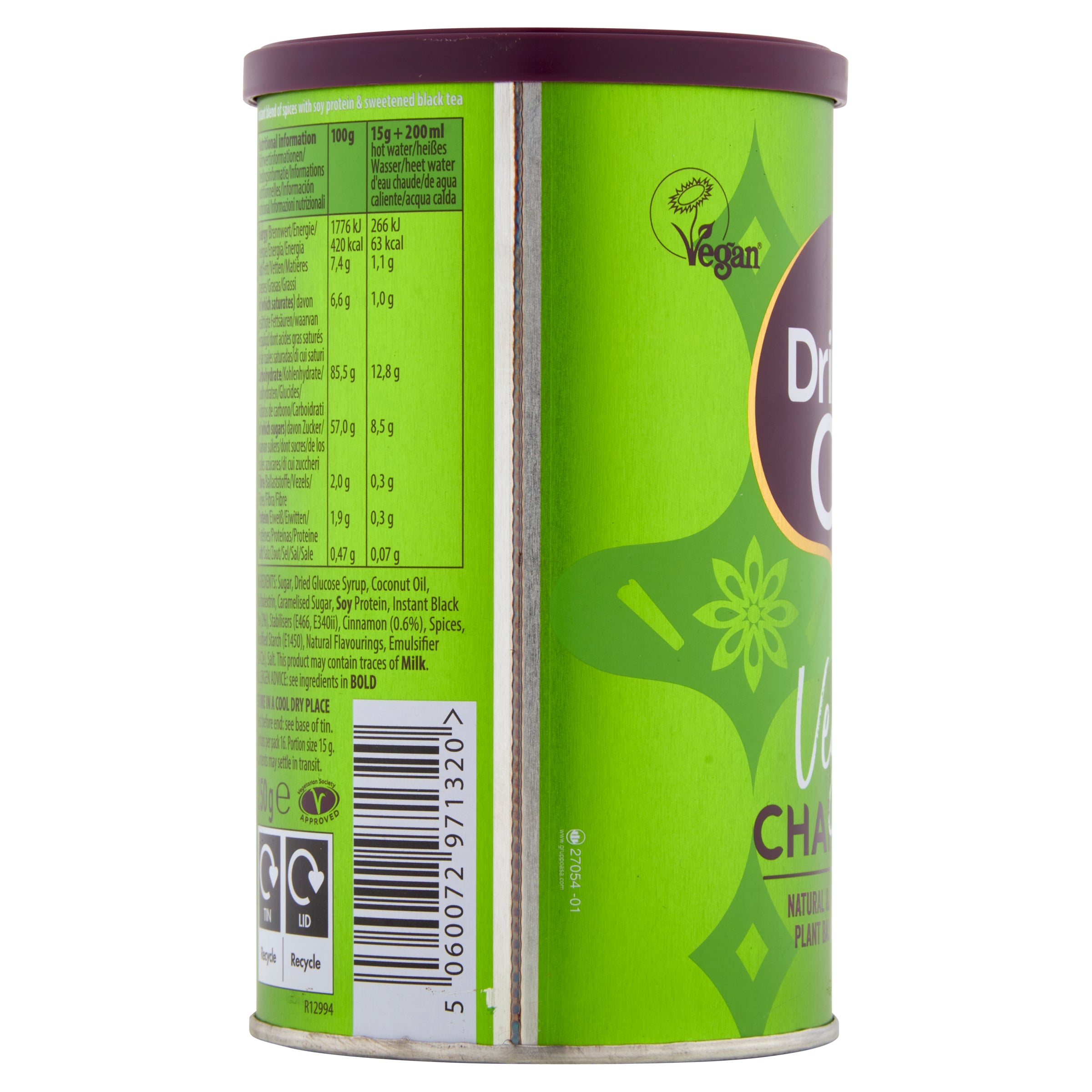 A side on pack shot of Drink Me Chai Vegan Chai Latte 250g which shows ingredients and nutritional information on the tin