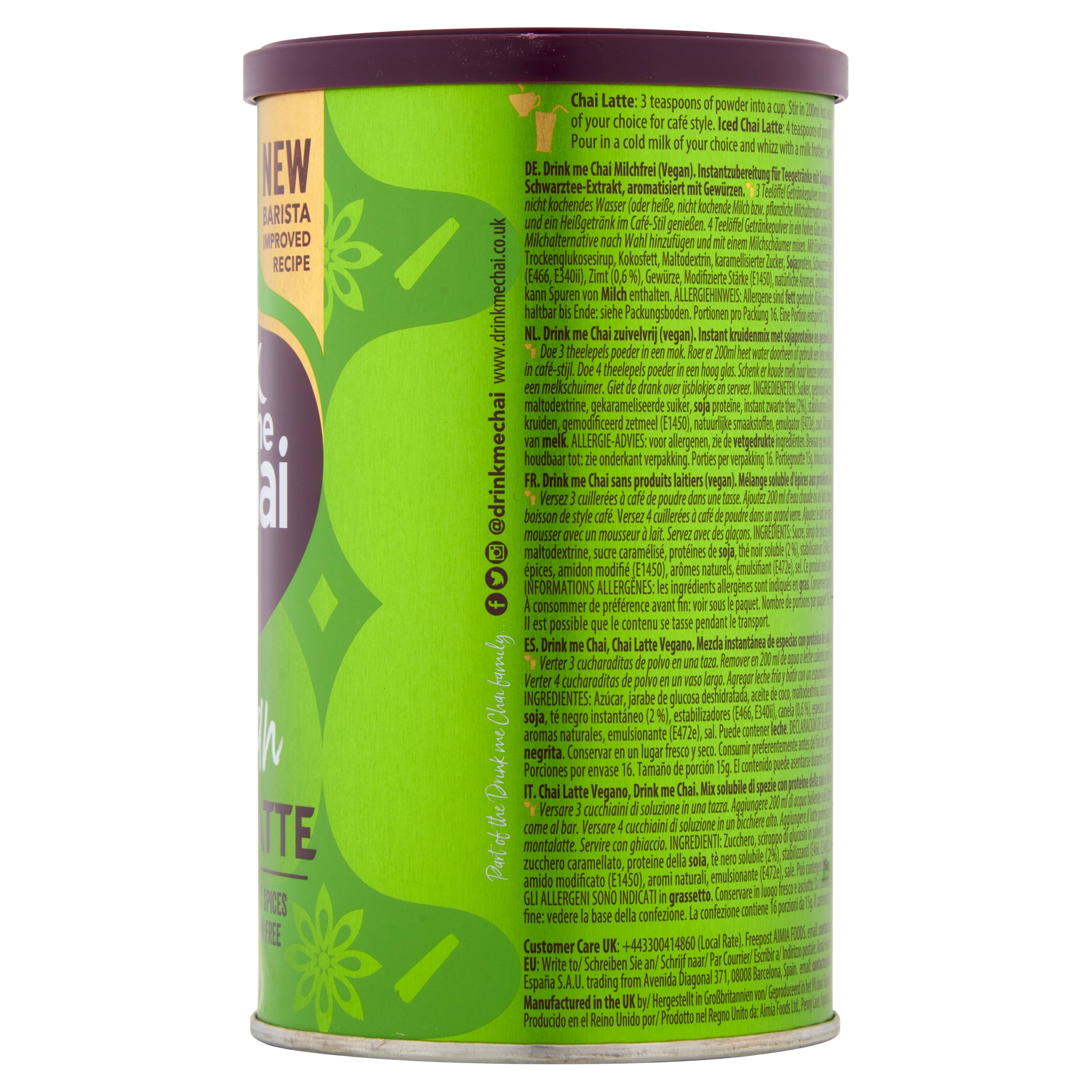 A front on packshot of Drink Me Chai Vanilla Chai Latte 250g