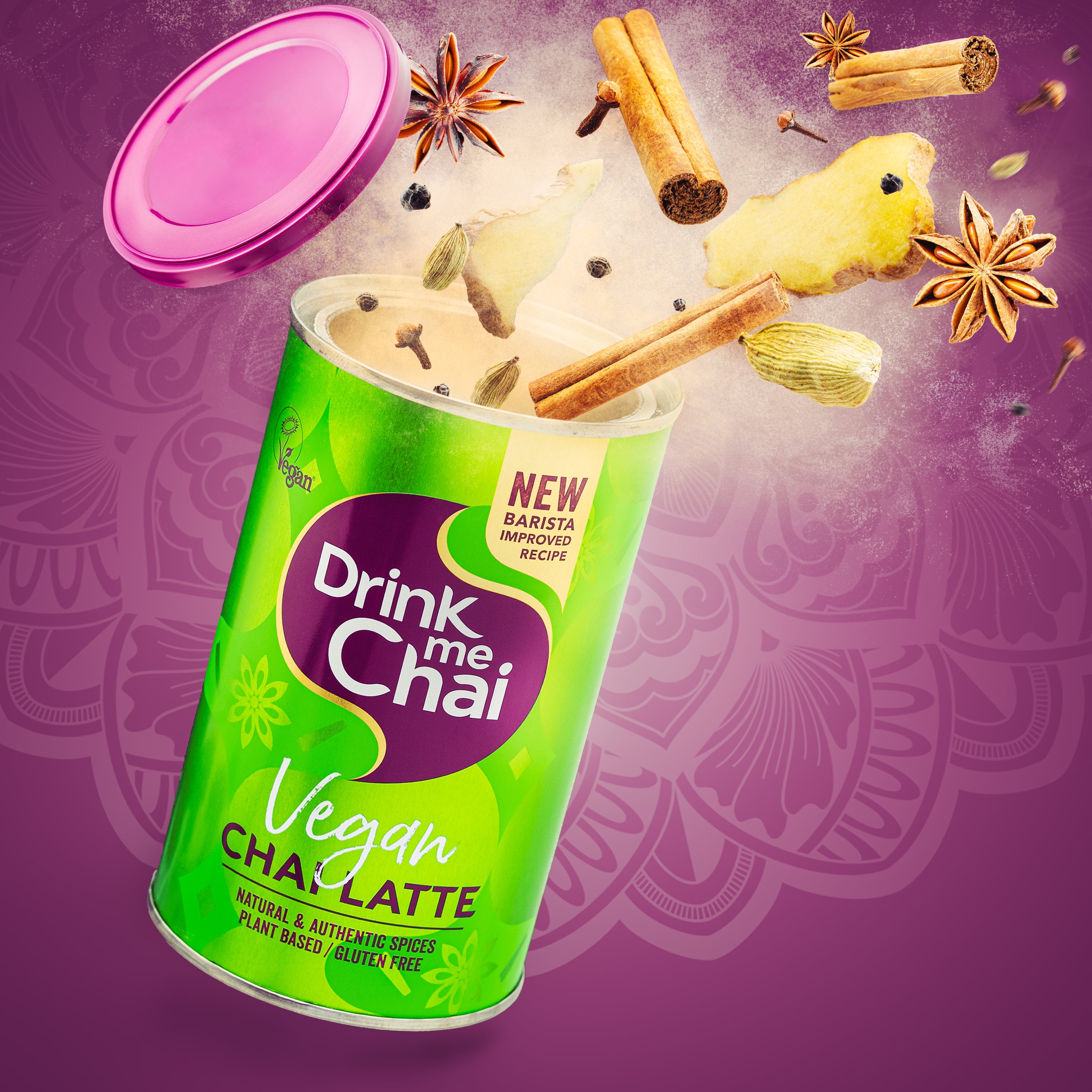 A rear pack shot of Drink Me Chai Vegan Chai Latte 250g which shows ingredients and nutritional information on the tin