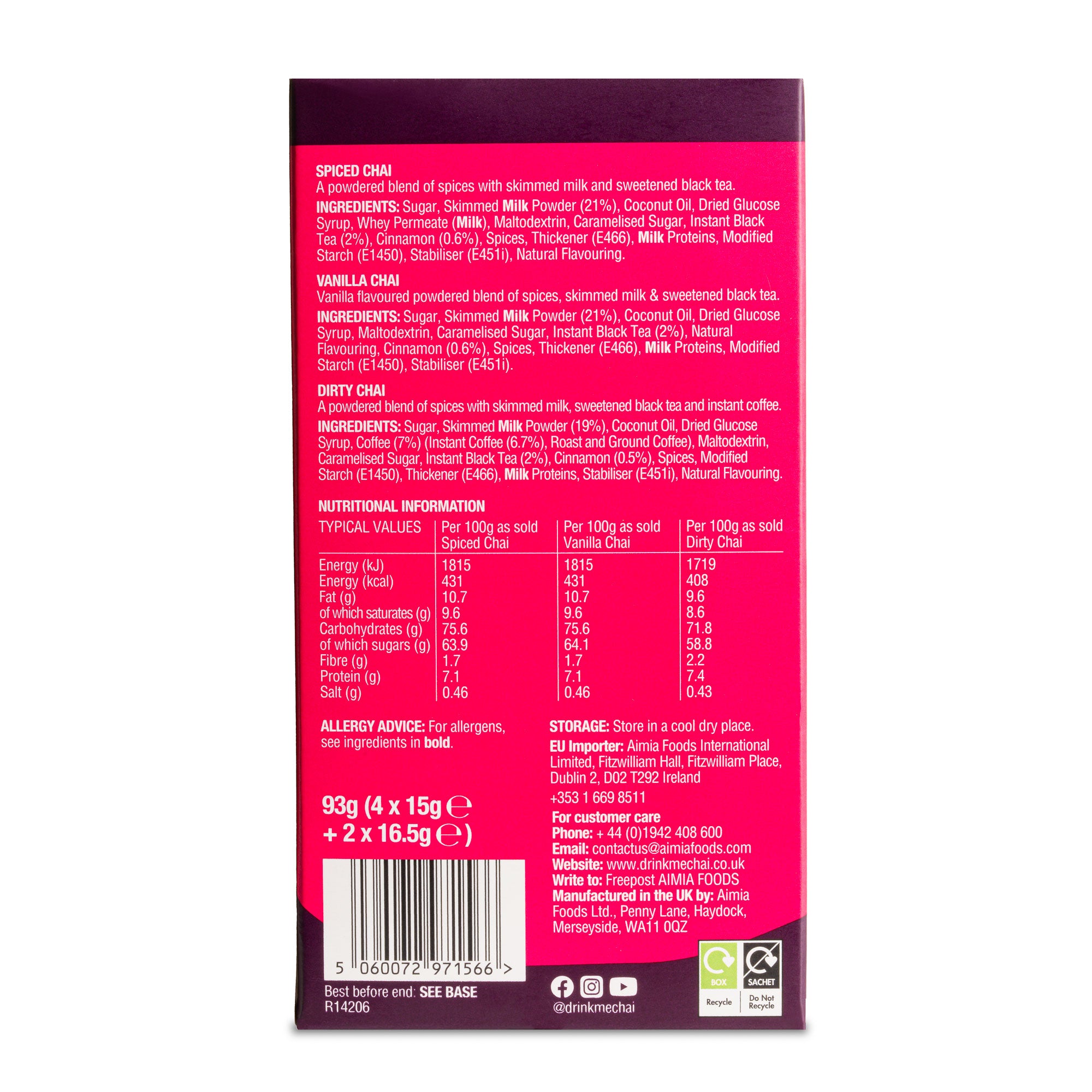 Drink Me Chai Spiced Chai latte powder mix in a packshot.