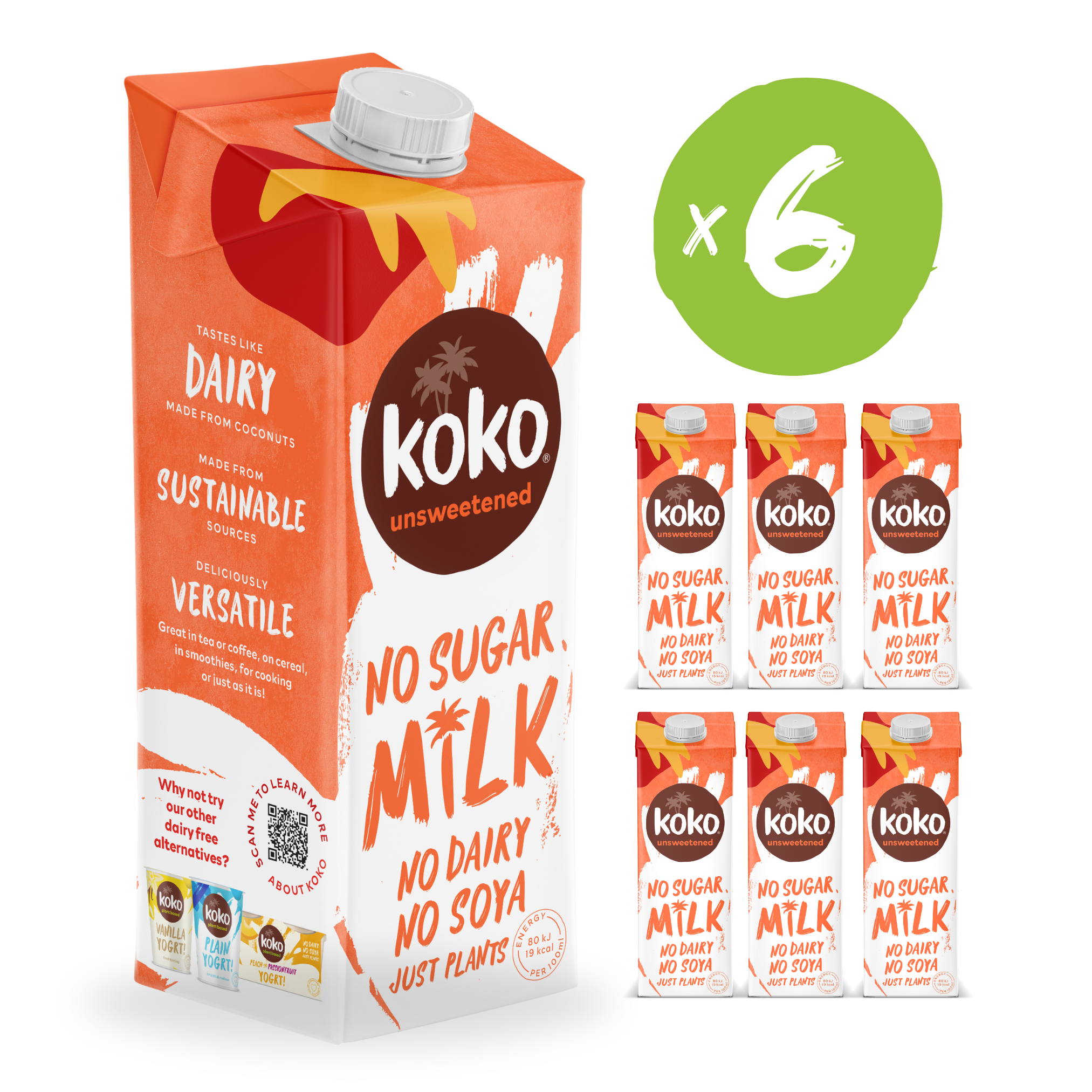 New packaging of Koko Unsweetened 6x1L cartons.