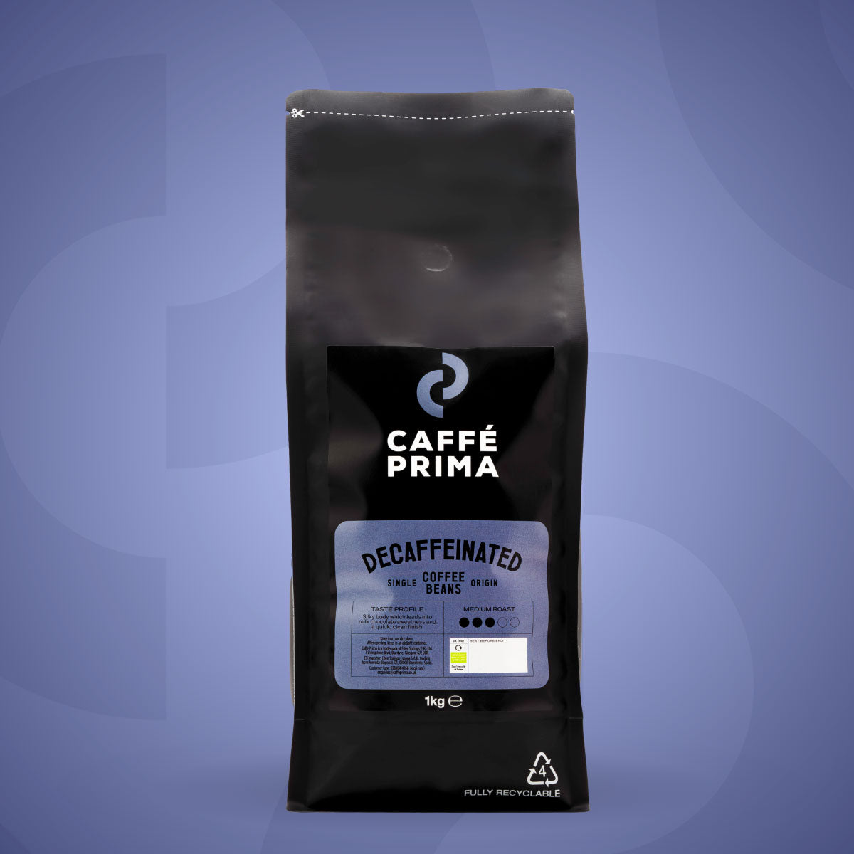 A packshot of Caffe Prima Decaffeinated Coffee Beans on a blue background