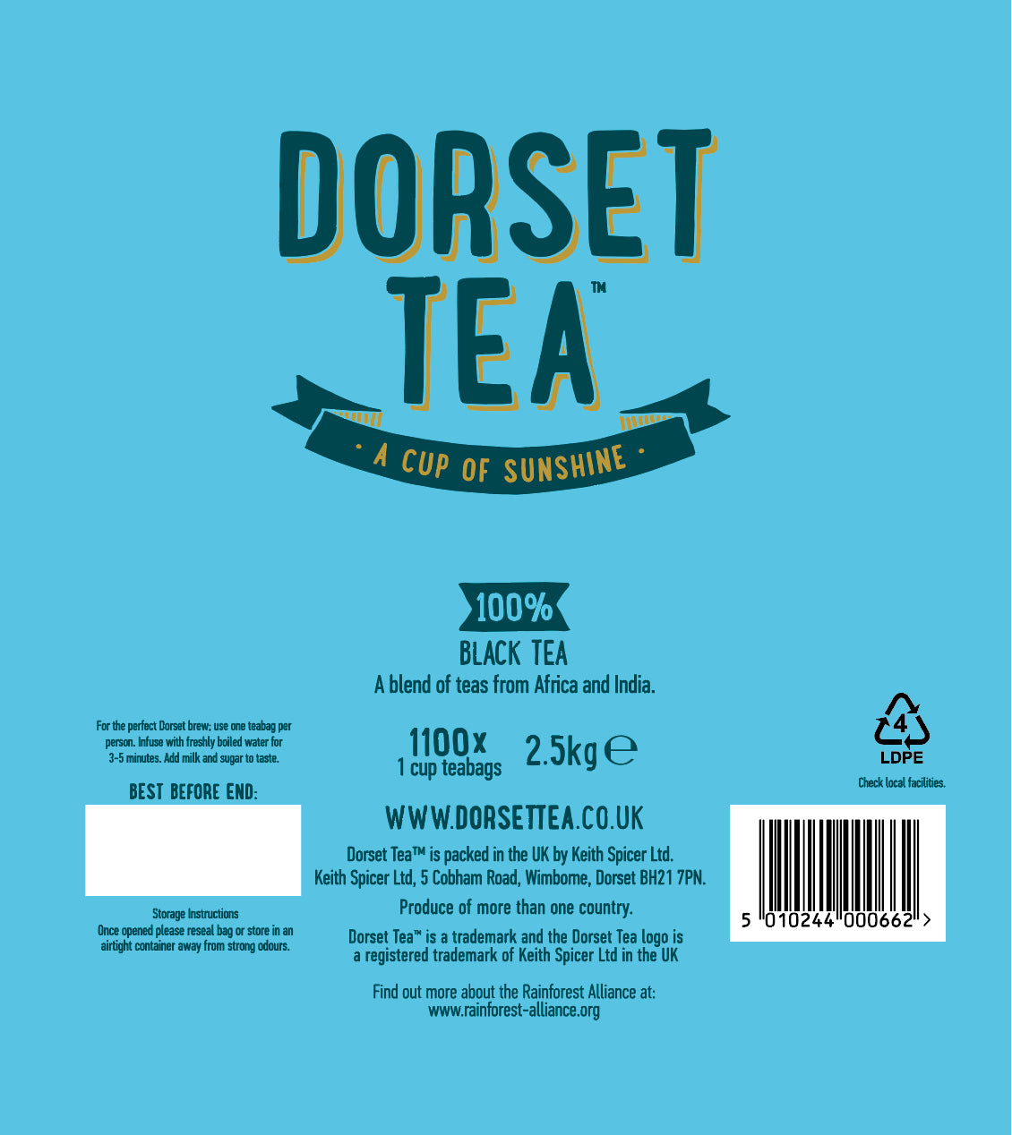 Back View of Dorset Tea 1100 Tea Bags Packaging