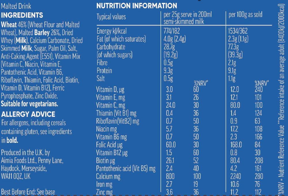 Nutritional information and ingredients list of Horlicks Original Malted Milk.