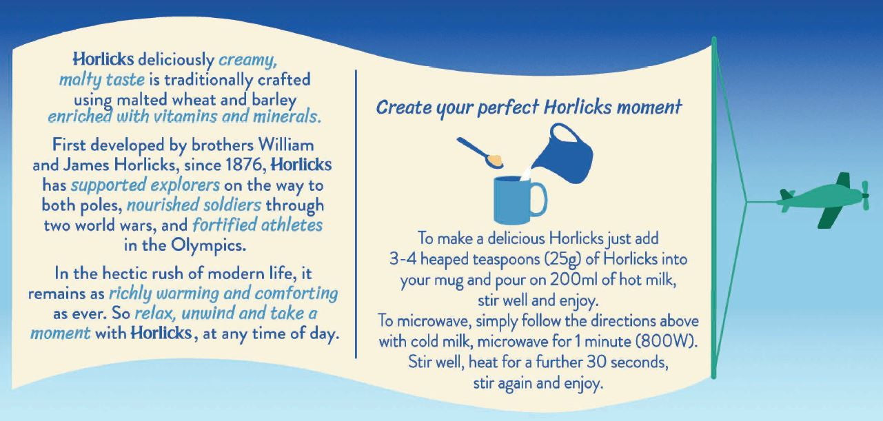 Usage instructions for Horlicks Original Malted Milk on a product packaging.