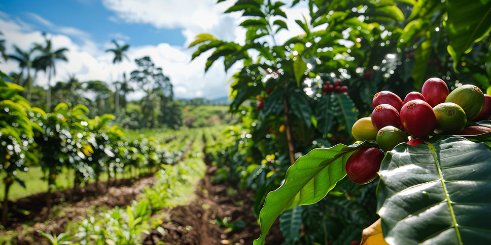 Coffee trees on plantation. The best selected coffee beans are still fresh and ready to be harvested.