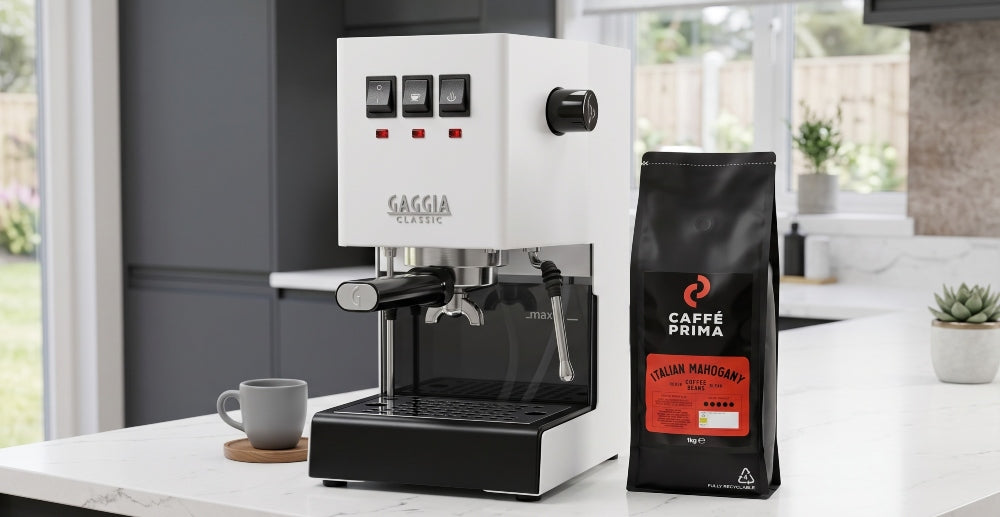 Best coffee beans for the Gaggia Classic Pro: Caffé Prima Italian Mahogany on a modern kitchen counter