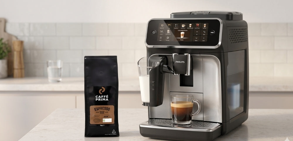 Philips 5500 LatteGo machine on the kitchen top next to 1kg pack of Caffe Prima Espresso Coffee Beans