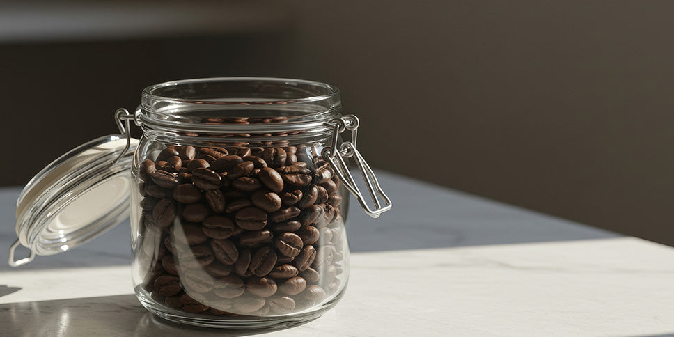 Glass jar of coffee beans with clip top