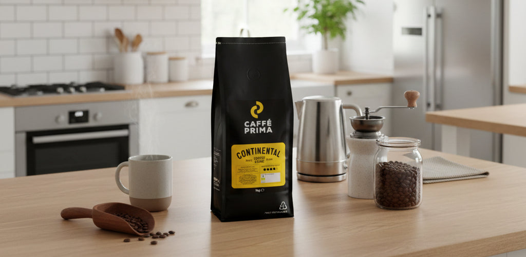 Caffé Prima Continental belnd coffee beans on the kitchen top, the UK's best value coffee bean range from £11.99 per kilo