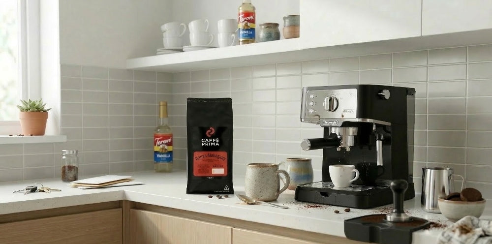 Italian Mahogani coffee beans pack next to De'Longhi Stilosa coffee machine on the kitchen top
