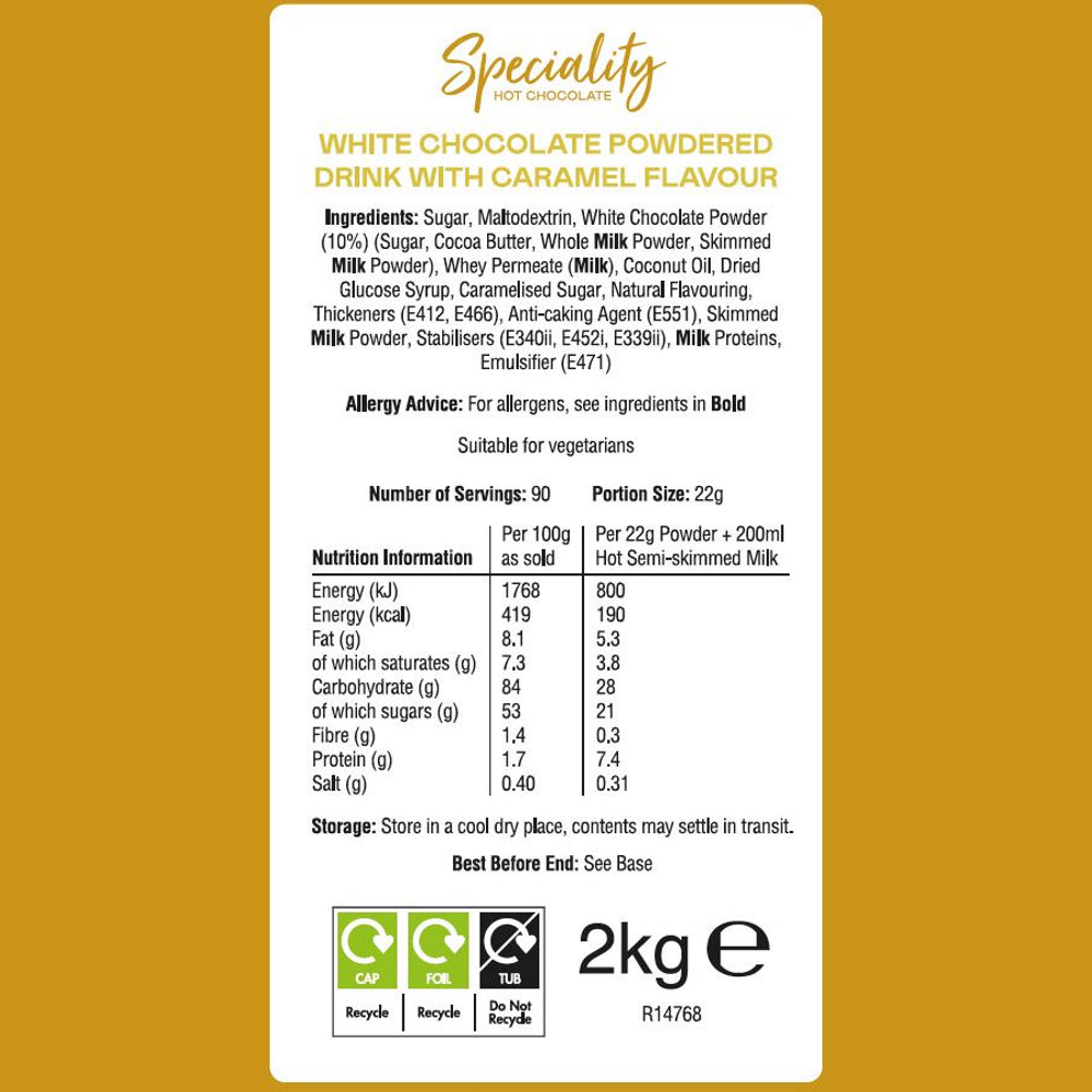 Nutritional and ingredient label for Milfresh Blonde hot chocolate